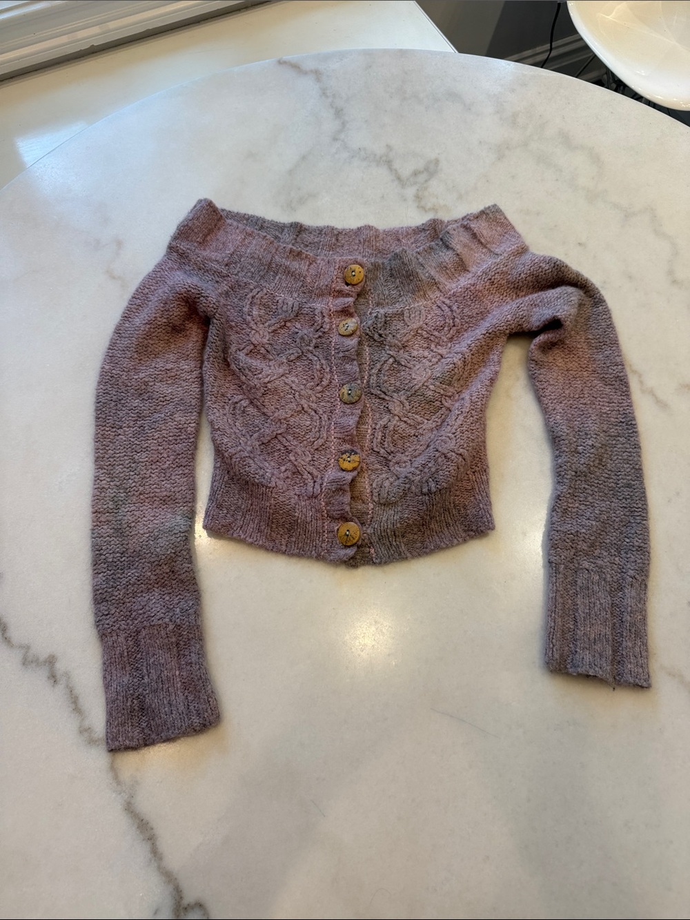 Abercrombie & Fitch Dusty Mauve Off-Shoulder Cable Knit Button Cardigan